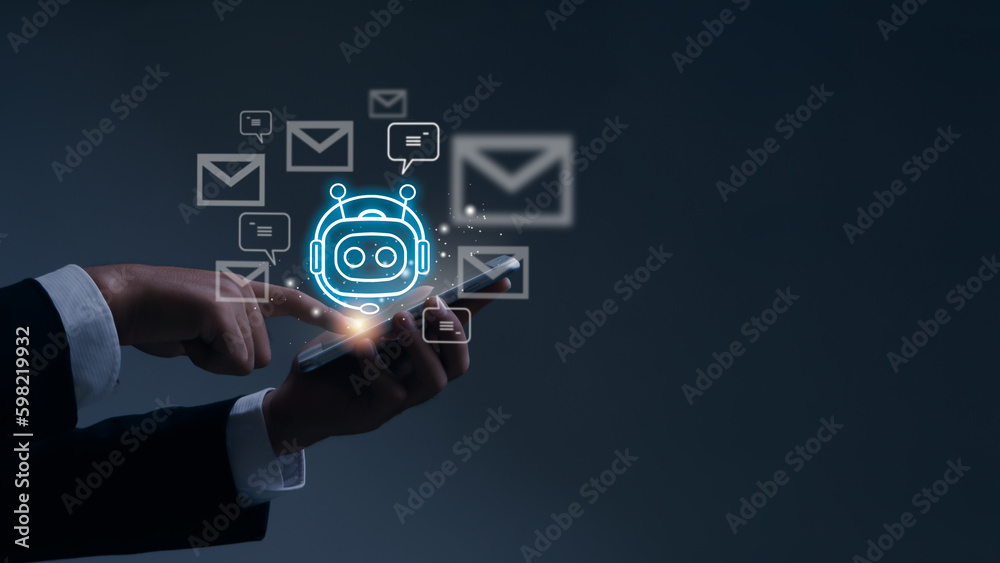 ChatGPT,Chat bot.Chat with AI or Artificial Intelligence. Young businessman chatting with a smart AI,developed by OpenAI generate. Futuristic technology, robot in online system. ChatGPT,Chat bot.Chat with AI or Artificial Intelligence. Young businessman chatting with a smart AI,developed by OpenAI generate. Futuristic technology, robot in online system.