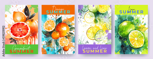 Juicy and bright summer posters, banners, covers or labels with citrus fruits painted in watercolor with blots and splashes of paint. Modern illustration of orange, lemon, lime, grapefruit.
