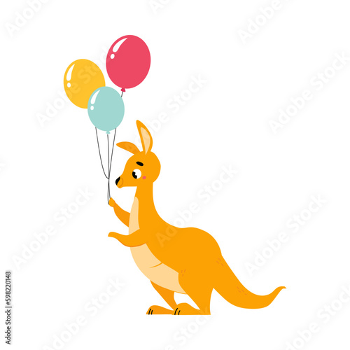 Cute Brown Kangaroo Marsupial Character with Pouch Holding Bunch of Balloons Vector Illustration