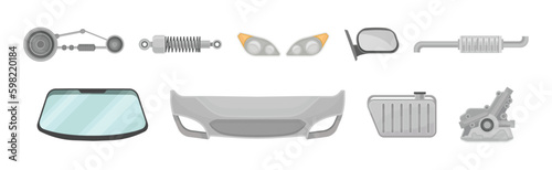 Car and Auto Spare Parts with Front Bumper, Heat Radiator, Muffler and Wind Screen Vector Set