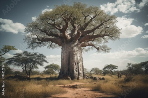 A solitary, gigantic baobab tree. Generative AI