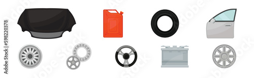 Car and Auto Spare Parts with Tyre Ring and Chromed Wheel Rim Vector Set