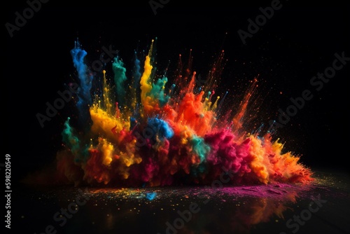 Vibrant paint explosion on dark backdrop with hues reminiscent of Holi festivities. Generative AI