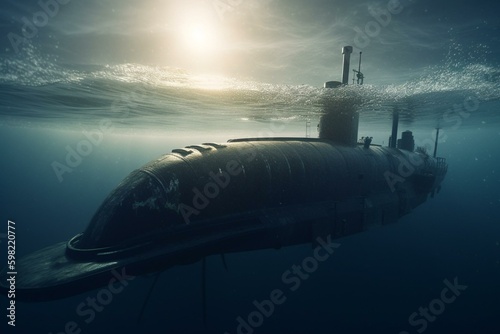 Illustration of submarine sunk in ocean. Generative AI