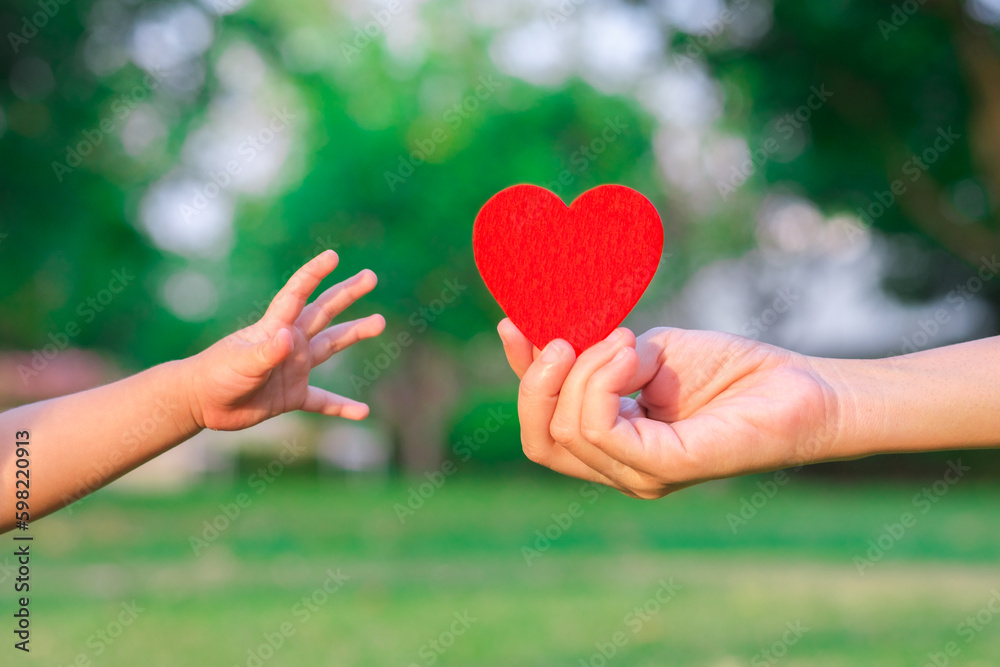 people, age, family, love and health care concept - close up of senior woman and baby hands holding red heart over green natural background. new generation save the world and earth day concept. people, age, family, love and health care concept - close up of senior woman and baby hands holding red heart over green natural background. new generation save the world and earth day concept.