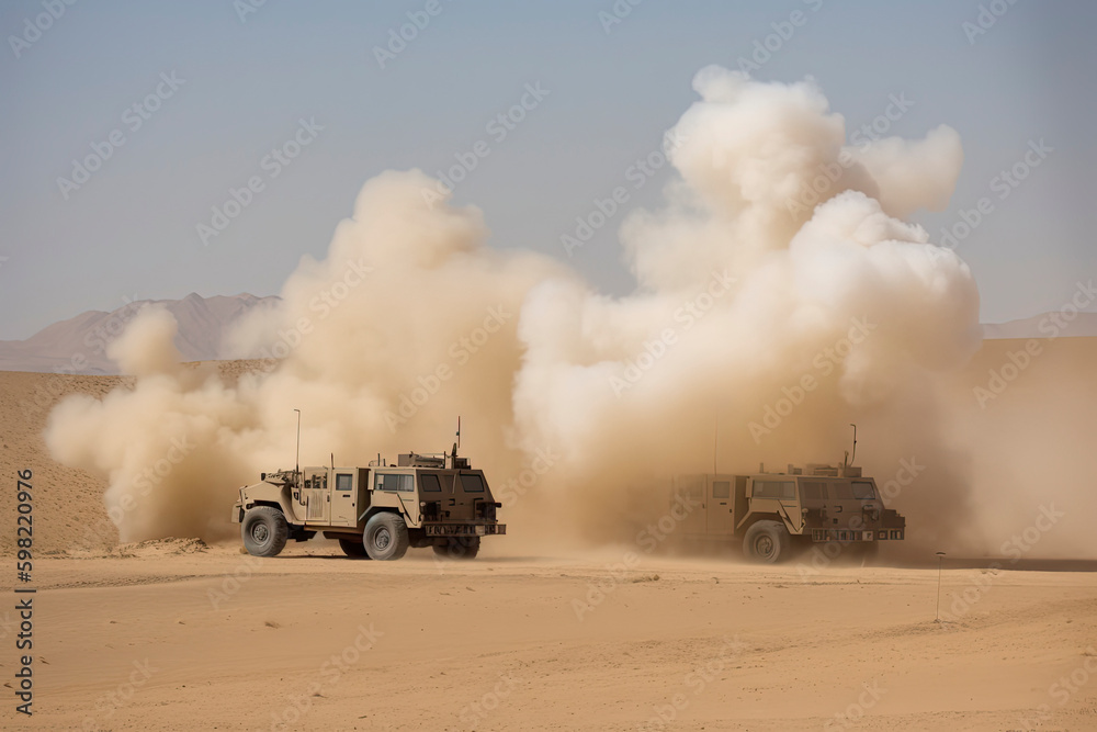 Truck based anti aircraft missile launchers fire in the desert. Truck based anti aircraft missile launchers fire in the desert.