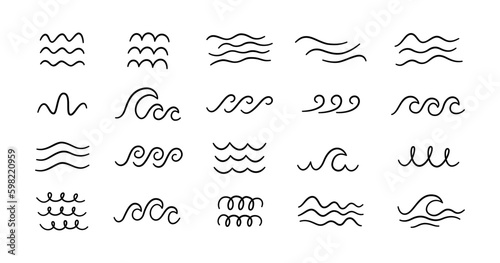 Doodle sea wave icons. Hand drawn simple wavy lines. Sea storm scribble icons set. Ocean water flow curve sketch. Aqua doodle symbols. Vector illustration isolated on white background. Generative AI