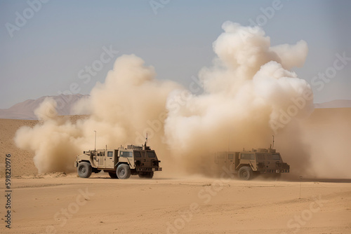 Truck based anti aircraft missile launchers fire in the desert.