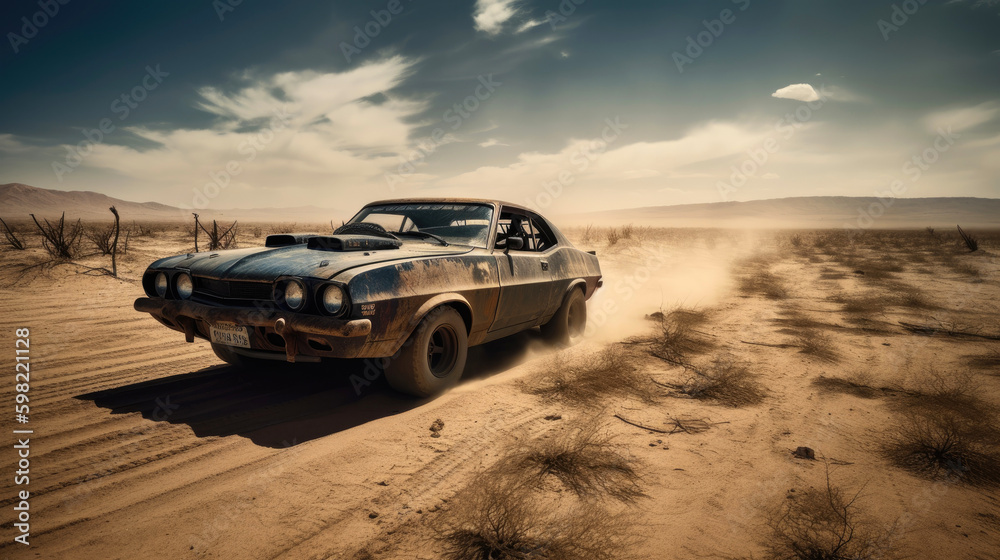 Highly customized rusty car rushes through the desert. Generative AI