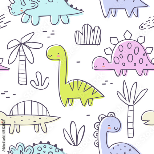 Outline doodle jurassic pattern with cute dino and plants. Seamless vector print with dinosaurs for baby textile and fabric.