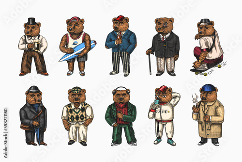 Bear in vintage costume with beer. Fashion animal character in tweed jacket. Hand drawn sketch. Retro look. Vector engraved illustration for logo and tattoo or T-shirts. Generative AI