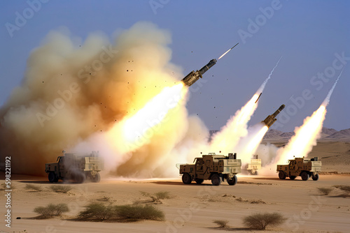 Truck based anti aircraft missile launchers fire in the desert.