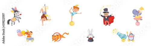 Amusing Circus Animal and Acrobat Performing Trick and Stunt Vector Illustration Set