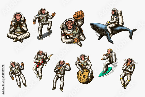 Monkey astronaut with whale, guitar, skateboard and moon. Chimpanzee spaceman cosmonaut characters set. Astronomical galaxy space. Funny cosmonaut explore adventure.Hand drawn old sketch Generative AI
