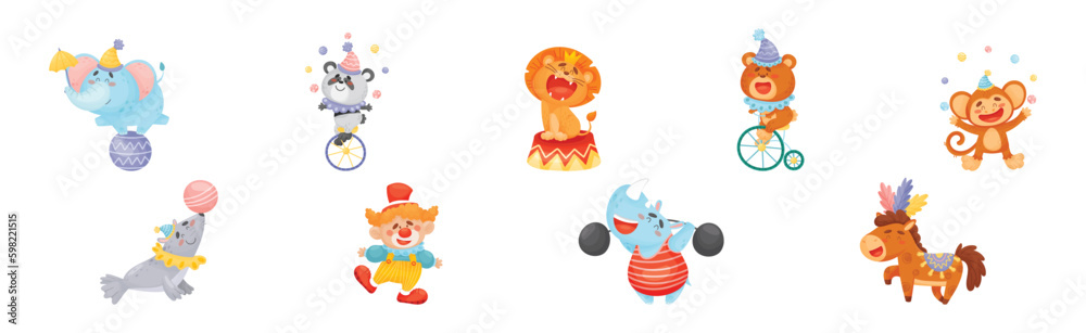Amusing Circus Animal Performing Trick and Stunt Vector Illustration Set