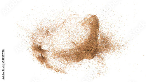 3D rendering of scattered sand granules or fine dirt on transparent background