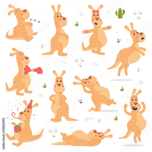 Funny Kangaroo Marsupial Animal Engaged in Different Activity Vector Set