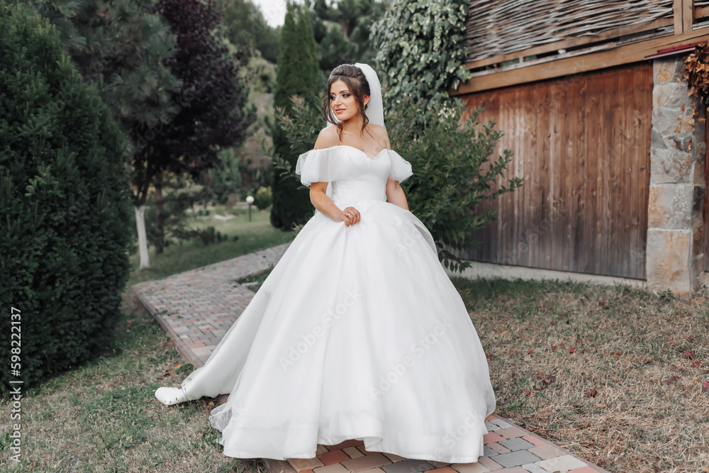 Wedding photo. The bride in a voluminous white dress and a long veil walks in the garden along a stone path. View from above. Portrait of the bride. Beautiful curls. Beautiful makeup and hair.