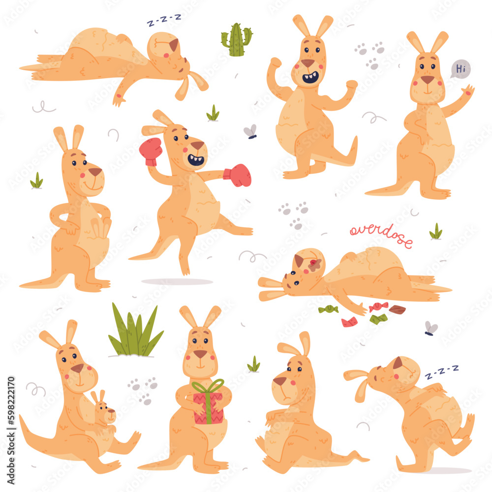 Funny Kangaroo Marsupial Animal Engaged in Different Activity Vector Set Funny Kangaroo Marsupial Animal Engaged in Different Activity Vector Set