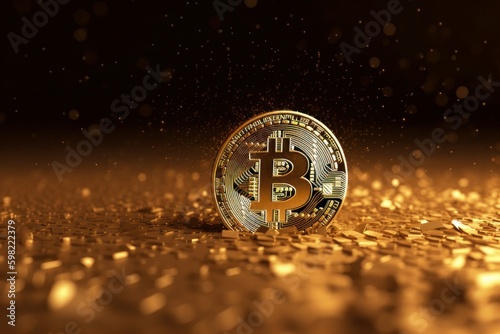 Golden bitcoin on a dark background. Cryptocurrency concept. 3D Rendering, generative Ai