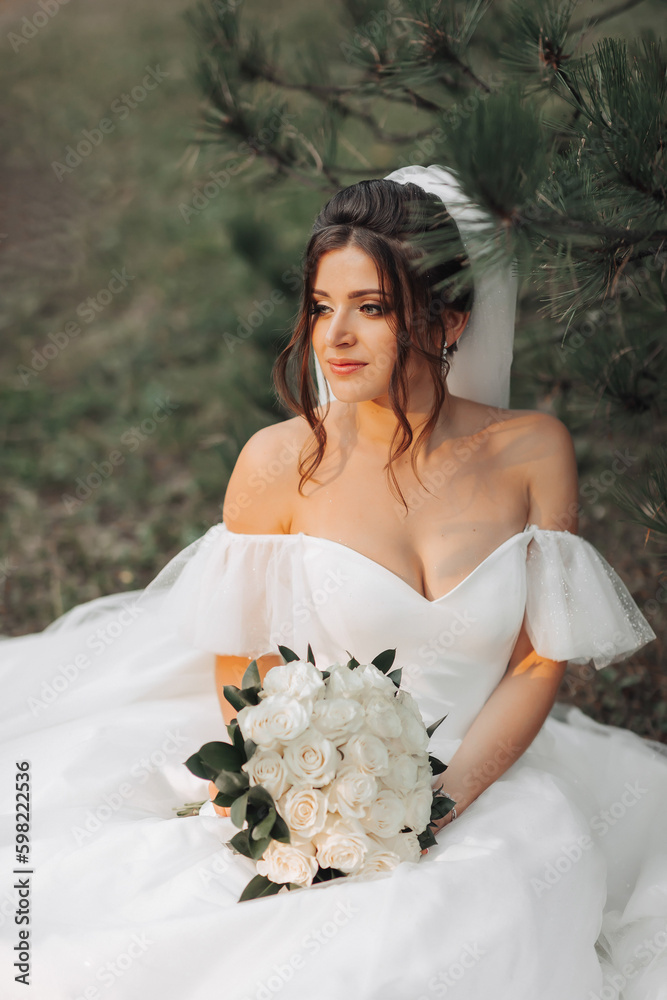 portrait of the bride in nature. A brunette bride in a white voluminous dress is sitting, posing near a coniferous tree, holding a bouquet of white roses. Beautiful hair and makeup portrait of the bride in nature. A brunette bride in a white voluminous dress is sitting, posing near a coniferous tree, holding a bouquet of white roses. Beautiful hair and makeup