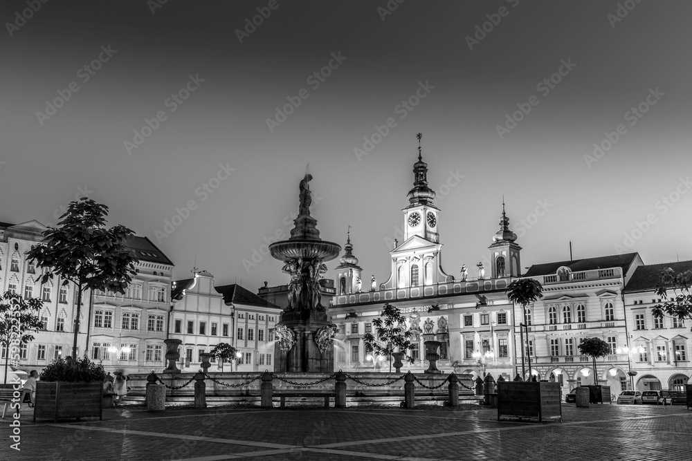 Fototapeta premium Historic center of Ceske Budejovice at night, Budweis, Budvar, South Bohemia, Czech Republic, Europe.