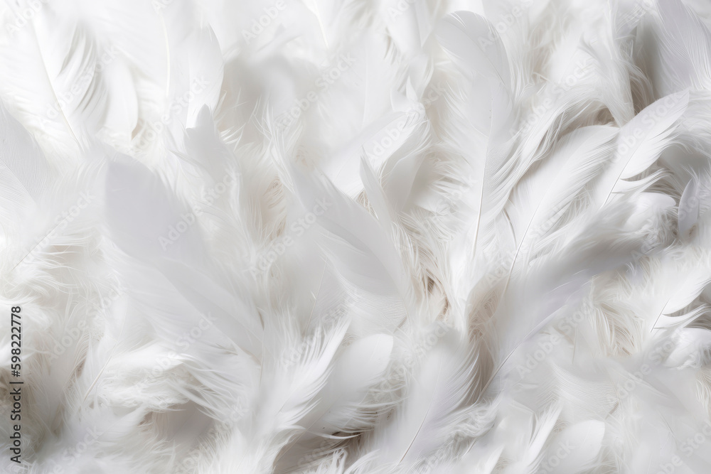 Dense background of white feathers. Close up texture of white swan feather or angel wing. Flat lay bird plumage. Copy space. High resolution. Generative AI, human enhanced Dense background of white feathers. Close up texture of white swan feather or angel wing. Flat lay bird plumage. Copy space. High resolution. Generative AI, human enhanced