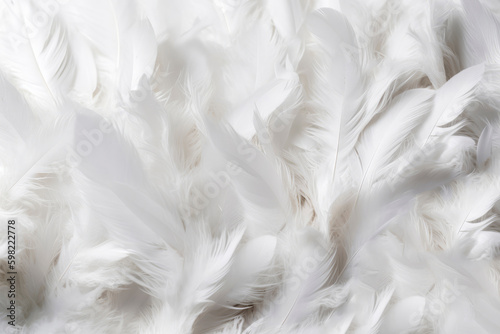 Dense background of white feathers. Close up texture of white swan feather or angel wing. Flat lay bird plumage. Copy space. High resolution. Generative AI, human enhanced © Sheremetio