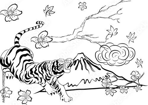 Doodle art style tiger face with cherry flower and rising sun tattoo.Tiger  traditional tattoo.Line art tiger with sakura and Hibiscus flower tattoo.Traditional Japanese culture for printing