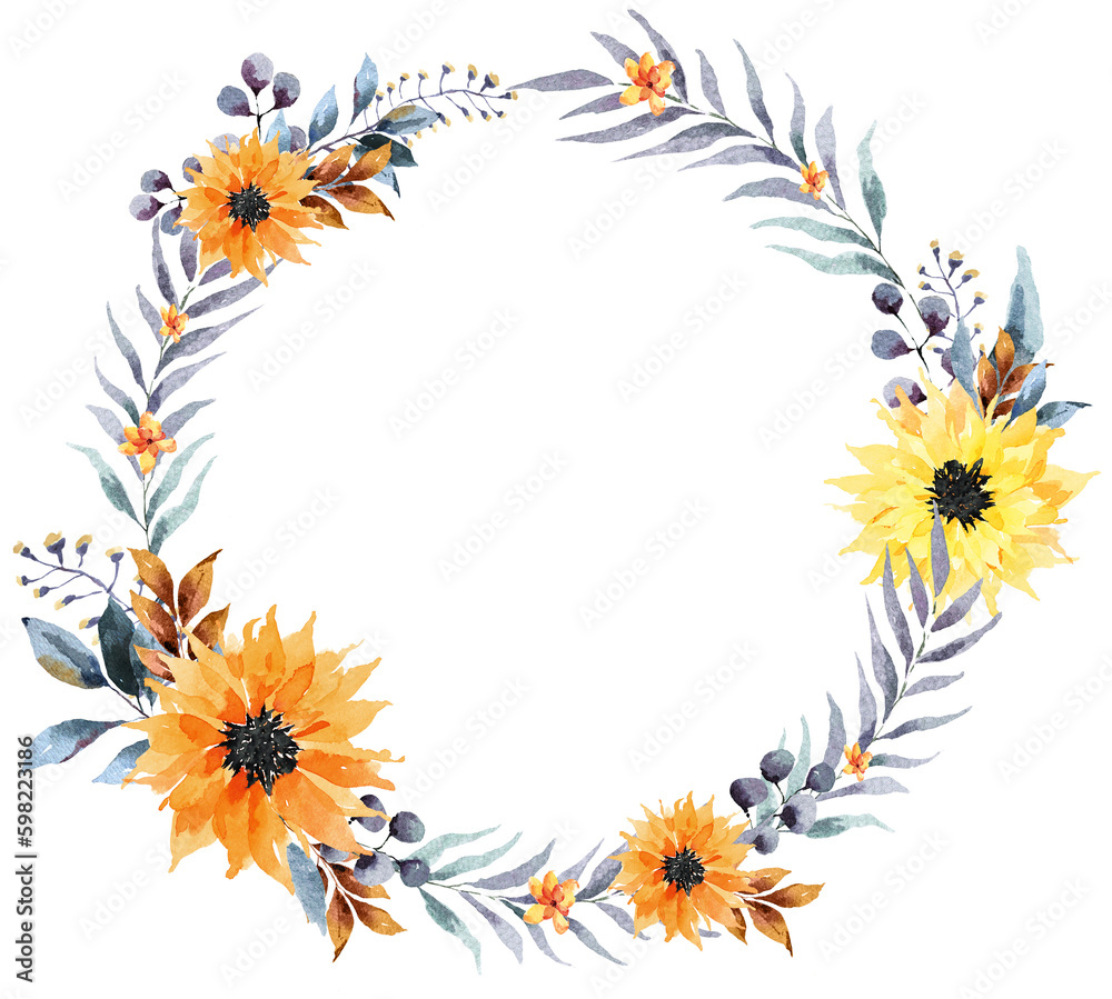 Flowers wreath painted in watercolor.Elegant floral ring for invitation, wedding or greeting cards.Vintage romantic style.Sunflower circle.