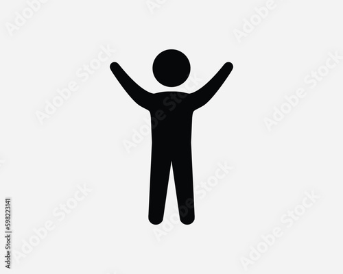 Happy Child Stick Figure Stickman Kid Male Boy Rise Hand Rejoice Hug Embrace Arm Black and White Icon Sign Symbol Vector Artwork Clipart Illustration