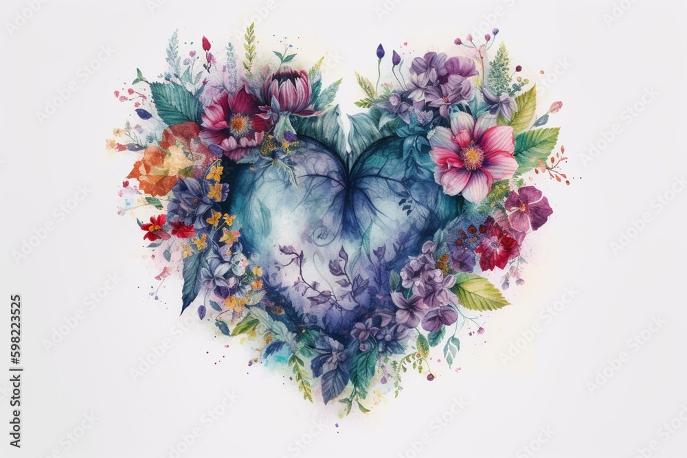 Floral watercolor heart illustration. Generative AI