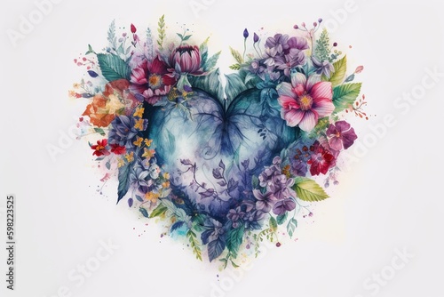 Floral watercolor heart illustration. Generative AI