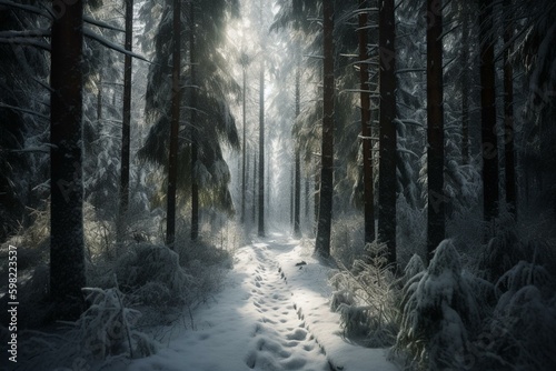 Snowy evergreen forest landscape. Generative AI