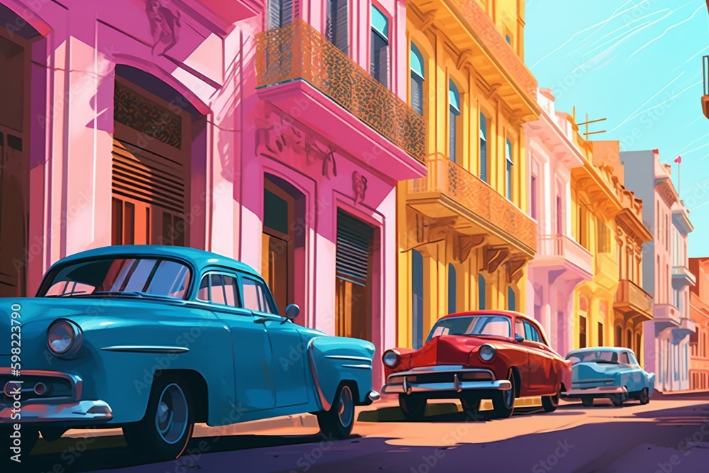 Vibrant digital painting of a Cuban street scene with abstract elements. Background illustration. Generative AI