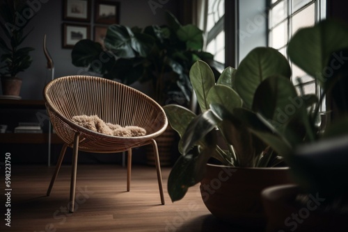 A plant and seat in the living area. Generative AI