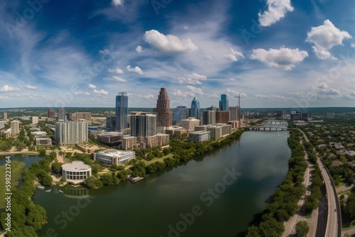 Panoramic view of Austin downtown and Colorado river. Generative AI