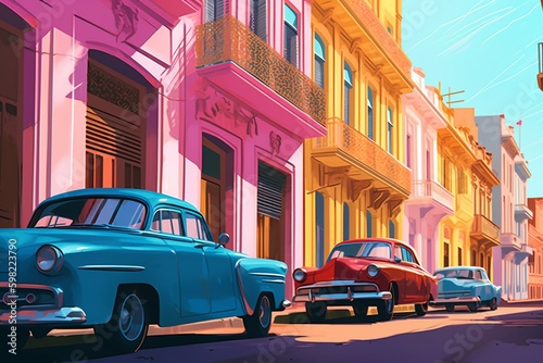 Vibrant digital painting of a Cuban street scene with abstract elements. Background illustration. Generative AI © Genevieve