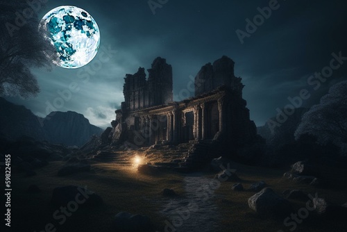 A mysterious castle temple in the dark of night with a full moon. A fantastic digital art scene. Generative AI