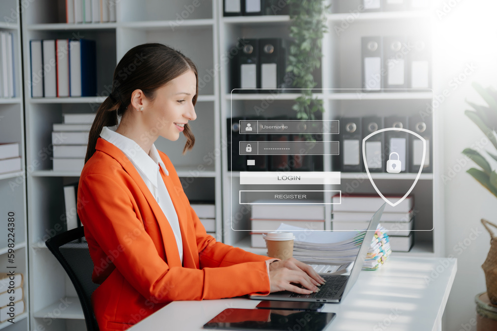 Fototapeta premium Cyber security concept, Login, User, identification information security and encryption, secure access to user's personal information woman using smart phone and tablet
