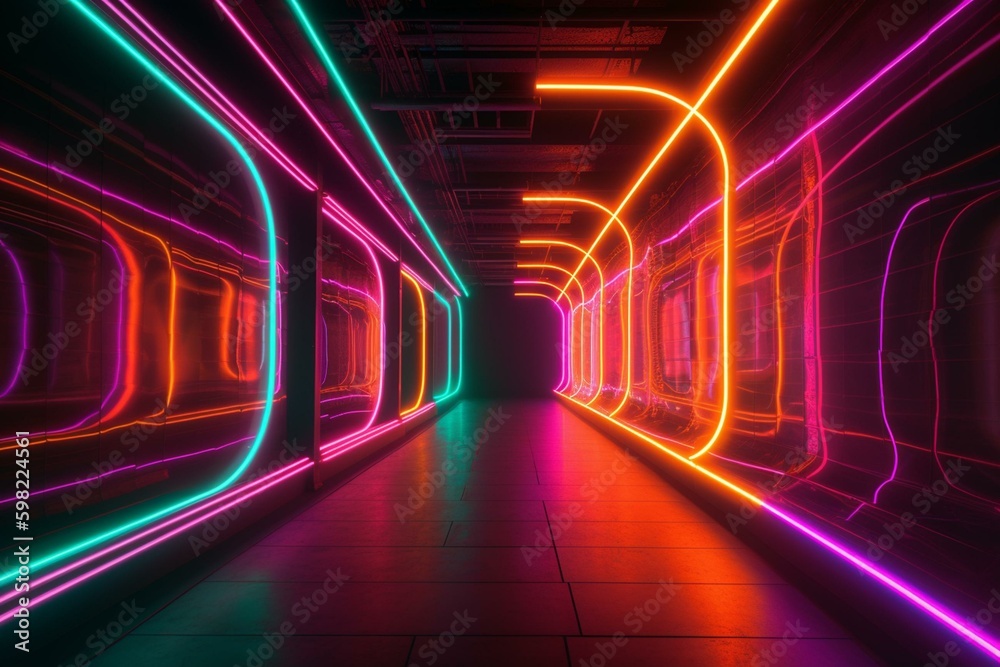 Bright and vibrant tunnel of neon lights in pink, orange, and green. 3D modeled. Generative AI