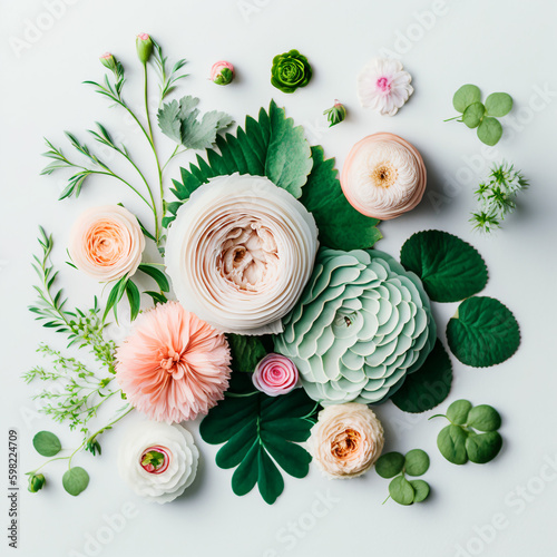 pink peony flowers on white background surrounded with green leaves