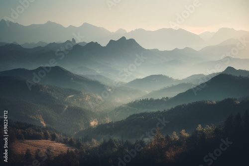 Scenic view of hazy mountains. Generative AI © Calliope