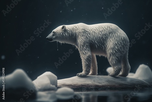 Solitary polar bear on tiny ice formation. Generative AI