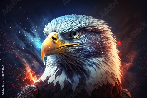 Proud serious eagle against the background of American flag, Eagle with USA flags background, Generative AI © thanakrit
