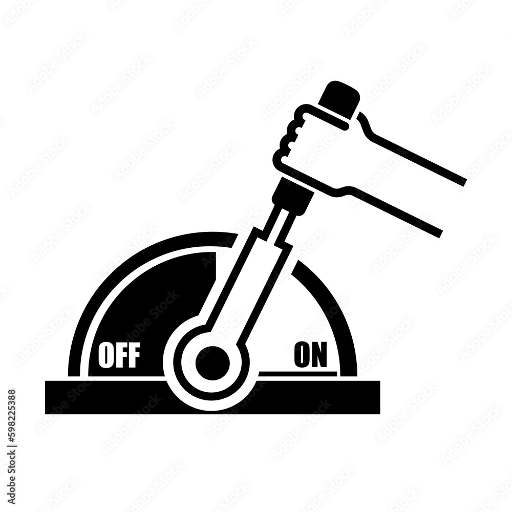 Lever switch icon. Hand holding lever switch on and off isolated on