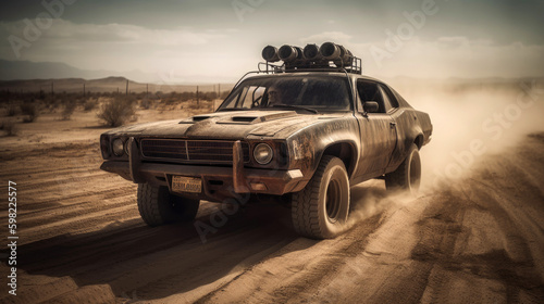Highly customized rusty car rushes through the desert. Generative AI