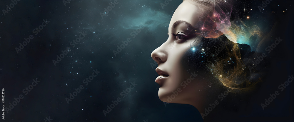 Beautiful female face on space background, free copy space  AI generated