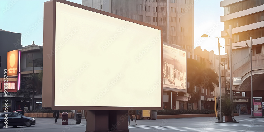 Obraz premium Digital Media Blank billboard, signboard for product advertisement, design, advertising light box billboard, on realistic busy city street background with people, sunny day. Ai generated