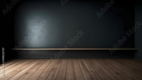 Empty dark wall with beautiful chiaroscuro and wooden floor, mock up. AI generated